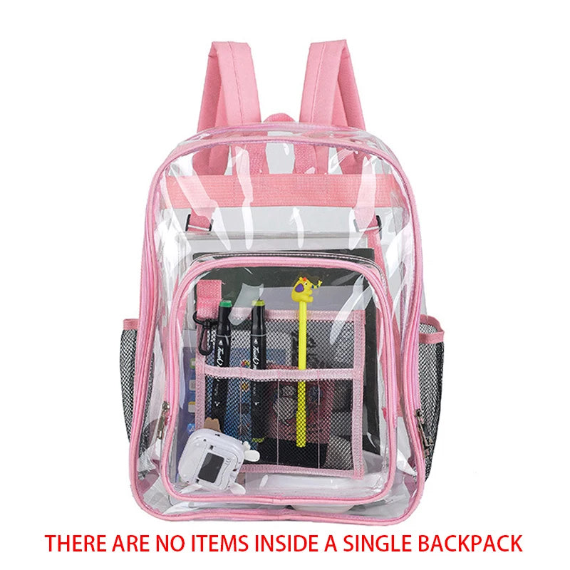 A pink transparent waterproof shoulder bag with a zipper containing various small items.
