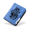 A blue leather compact double-fold wallet featuring black text design on the cover.