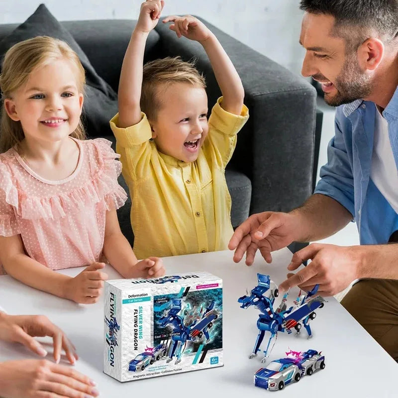 A boy and a girl play with a blue unicorn transformable car toy in a living room setting.