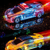 A yellow police car toy with bright lights is shown on a dark surface, with musical notes floating around it.