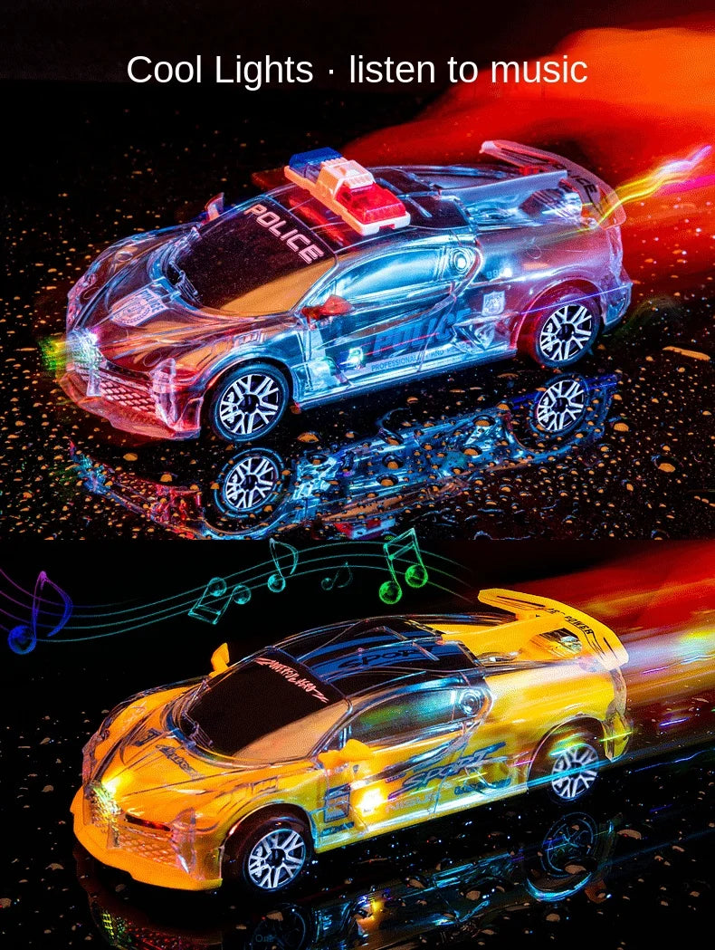 A yellow police car toy with bright lights is shown on a dark surface, with musical notes floating around it.