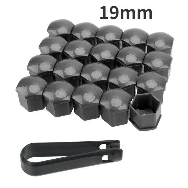A set of 20 black anti-rust wheel nut caps with a 19mm size and a corresponding tool.