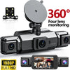 A black 360-degree four-lens dash cam mounted on a smartphone, showing a video recording.