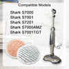 A Shark steam mop is shown next to various compatible models and replacement mop pads on a white floor.