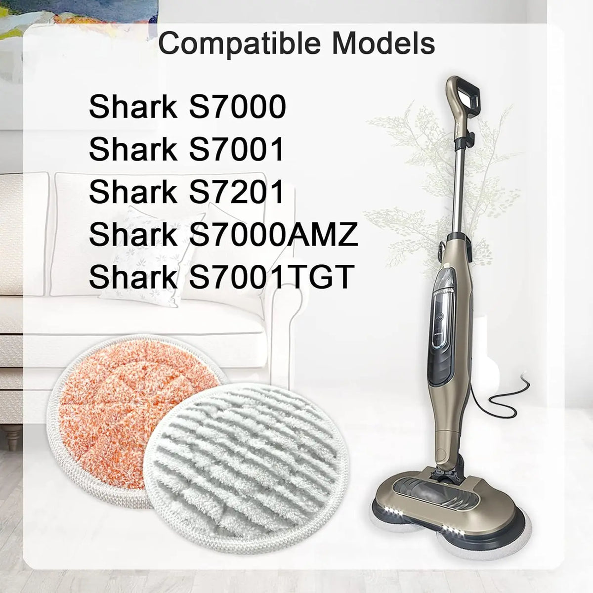 A Shark steam mop is shown next to various compatible models and replacement mop pads on a white floor.