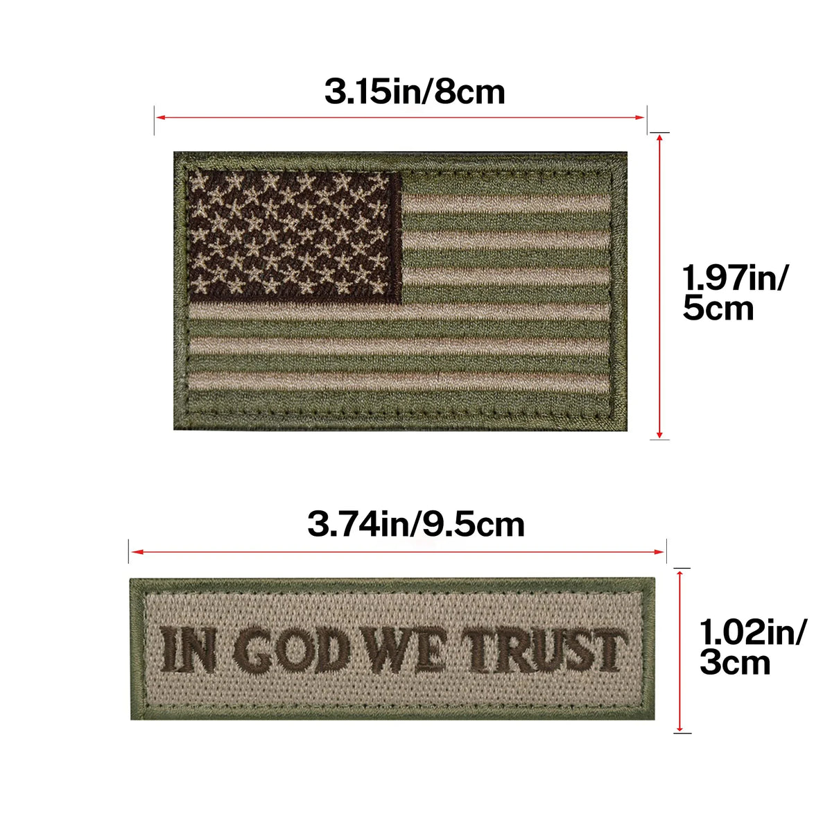 Two embroidered patches featuring the American flag and the text In God We Trust