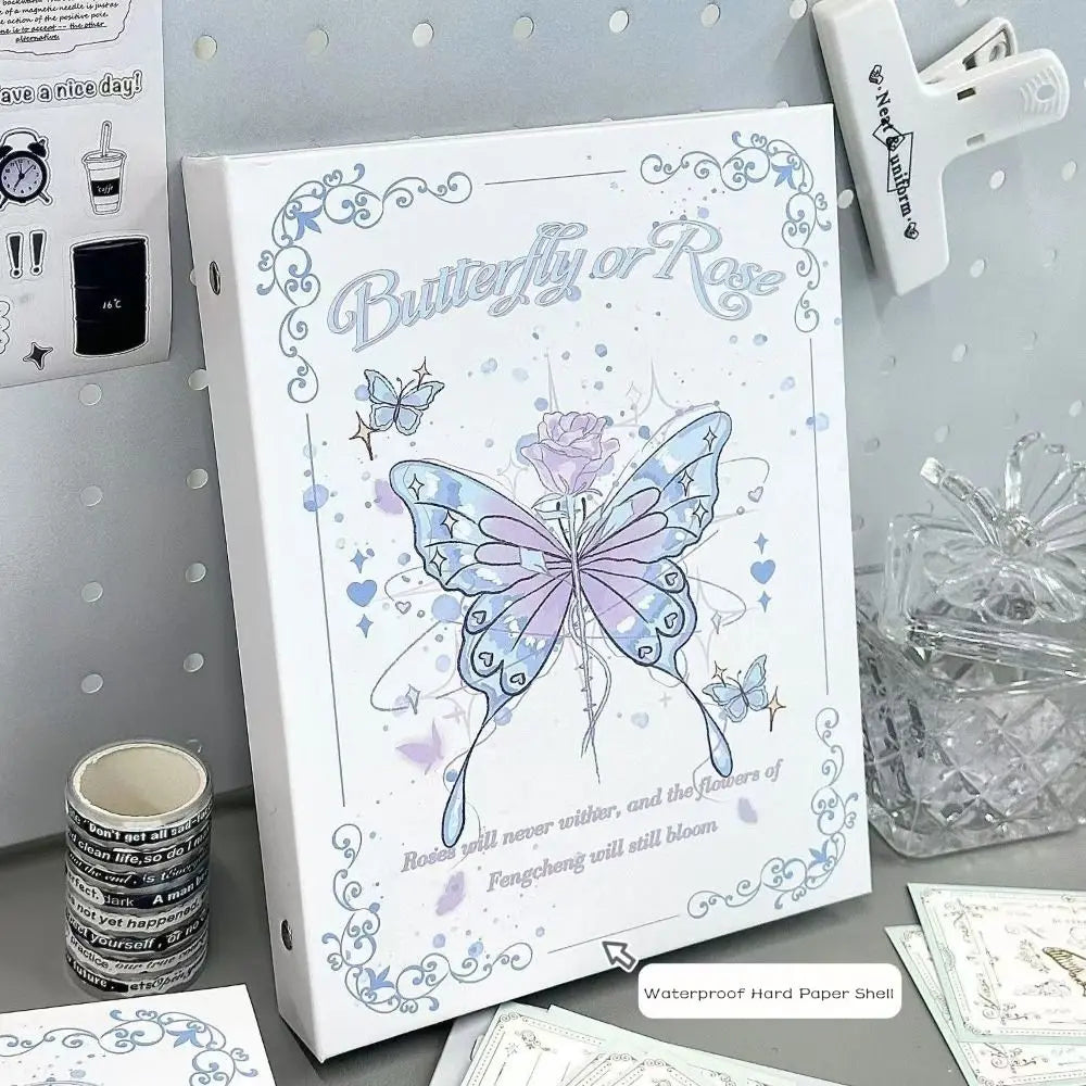A white A5 loose-leaf photo album featuring a butterfly or rose design with delicate blue and purple floral accents.