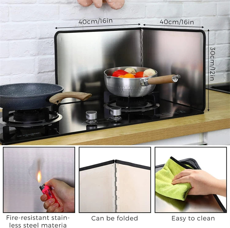 Foldable stainless steel splatter guard for stovetop showing its dimensions and features