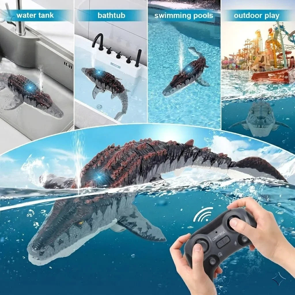 A person holds a remote control for a Mosasaurus water spray boat in the ocean with a crocodile-like figure above the water.