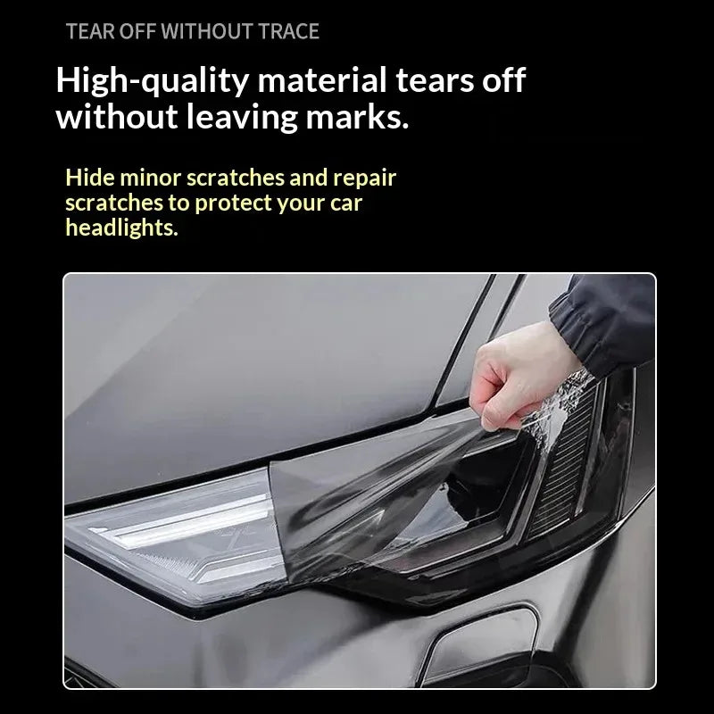 Close-up of smoke black tint film being applied to a car's headlight assembly.