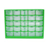 A green wall-mounted organizer with twenty-five clear plastic compartments and drawers for parts.