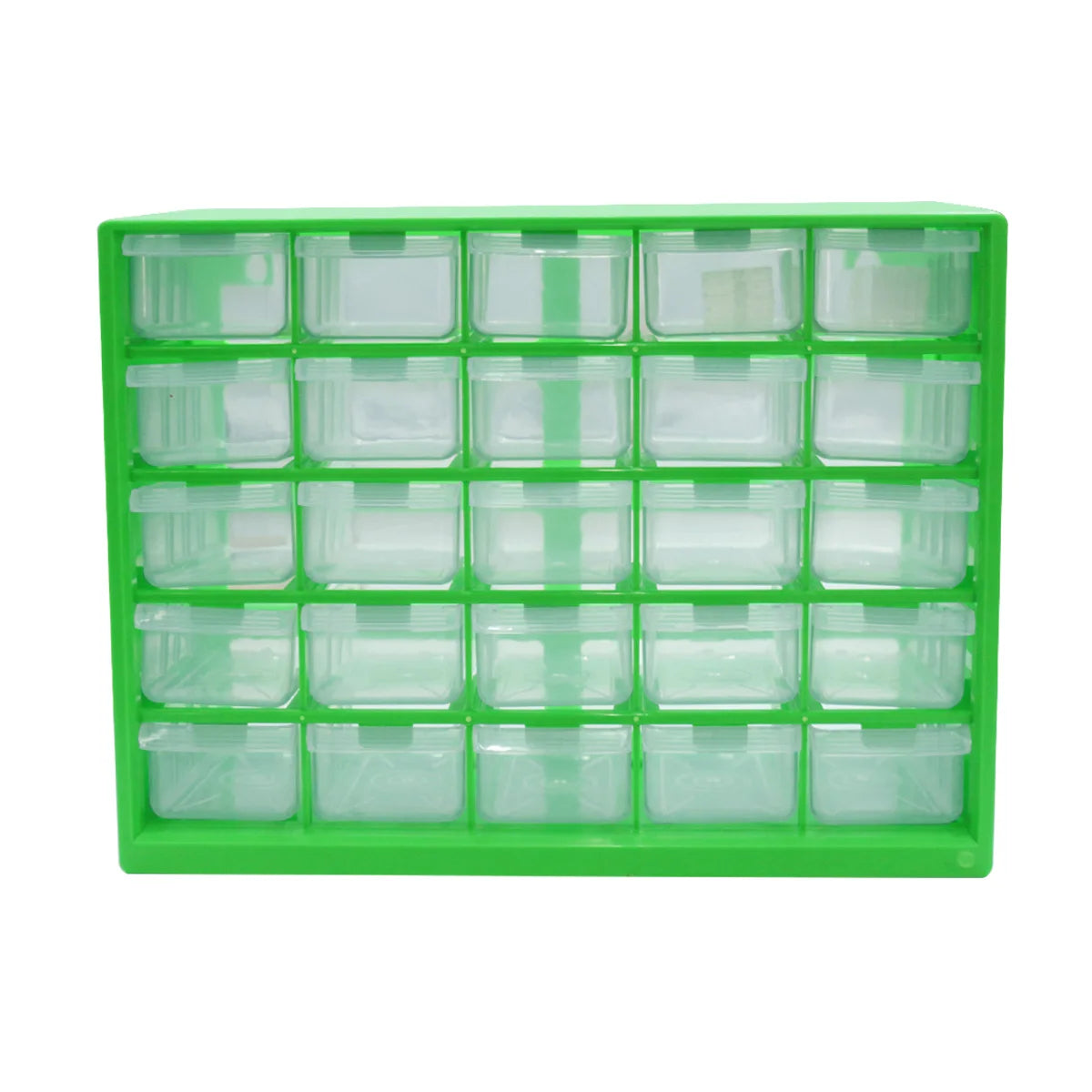 A green wall-mounted organizer with twenty-five clear plastic compartments and drawers for parts.