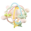 A colorful silicone sensory rattle ball with various shapes and rings for baby development.
