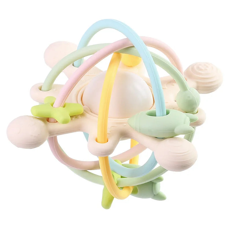 A colorful silicone sensory rattle ball with various shapes and rings for baby development.