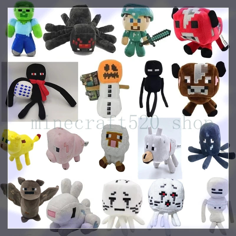 A collection of soft plush dolls inspired by Minecraft characters including Steve, Creeper, and various other figures.