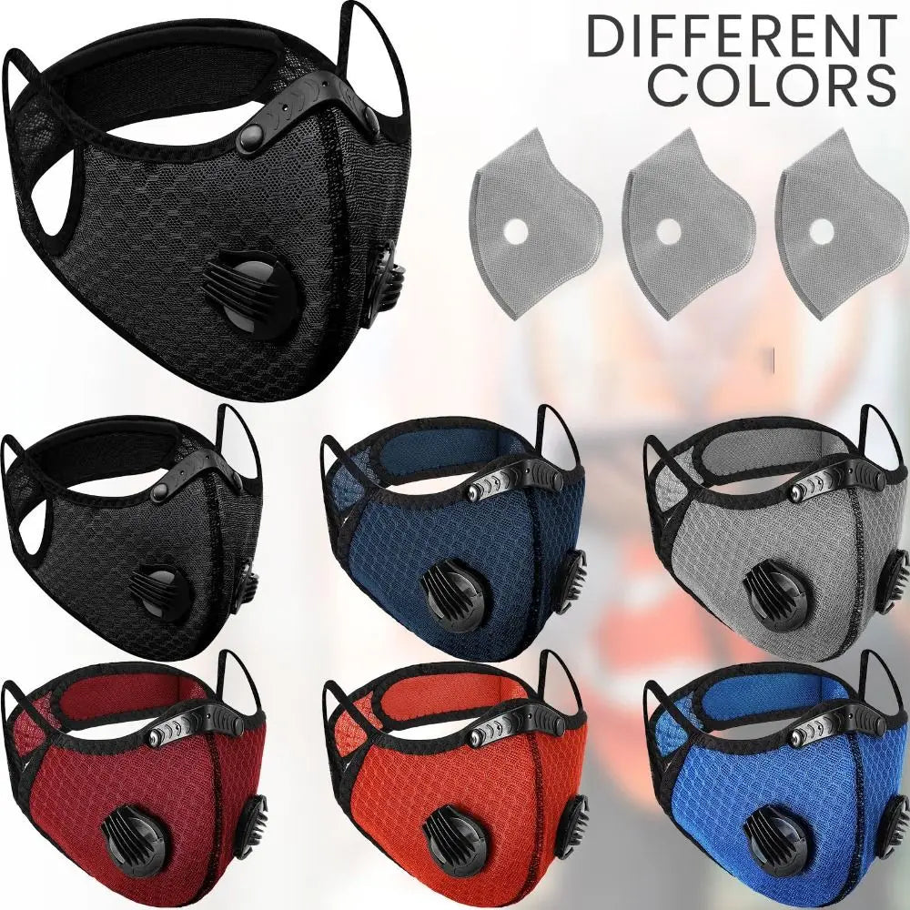 Various colors of reusable dust masks with replaceable activated carbon filters shown in different angles