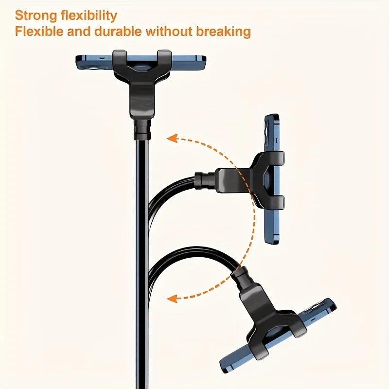 A flexible black stand with multiple clamps is shown, demonstrating strong flexibility for holding a tablet or phone.