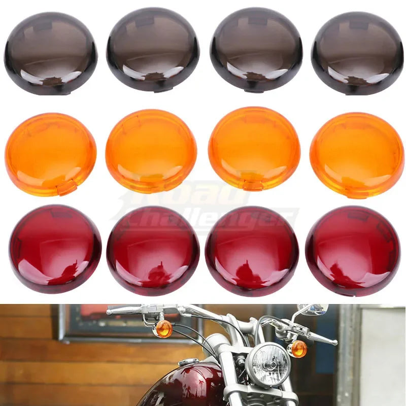 A set of various colored LED turn signal light lens covers for Harley Davidson motorcycles.