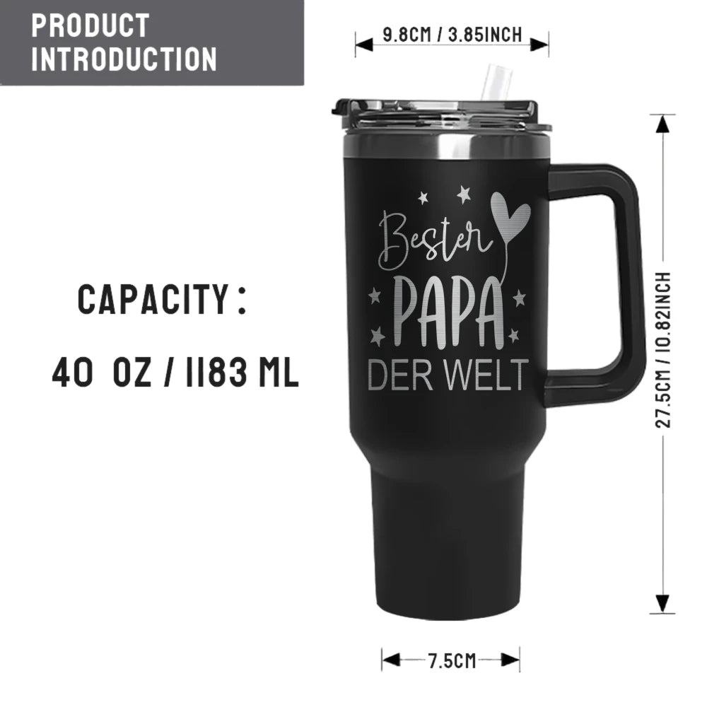 Black insulated stainless steel tumbler with a lid featuring the text Bester Papa Der Welt