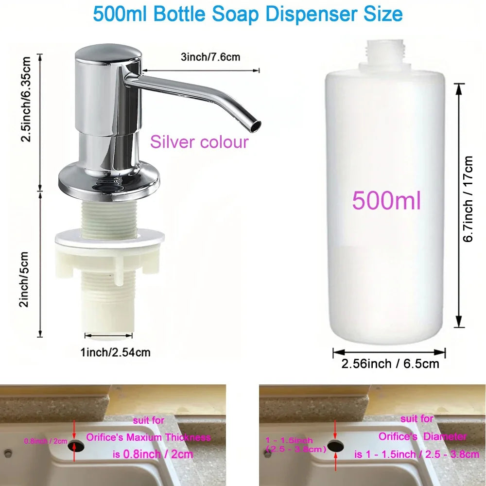 Silver stainless steel pump liquid soap dispenser bottle with a 500ml capacity and pump head.