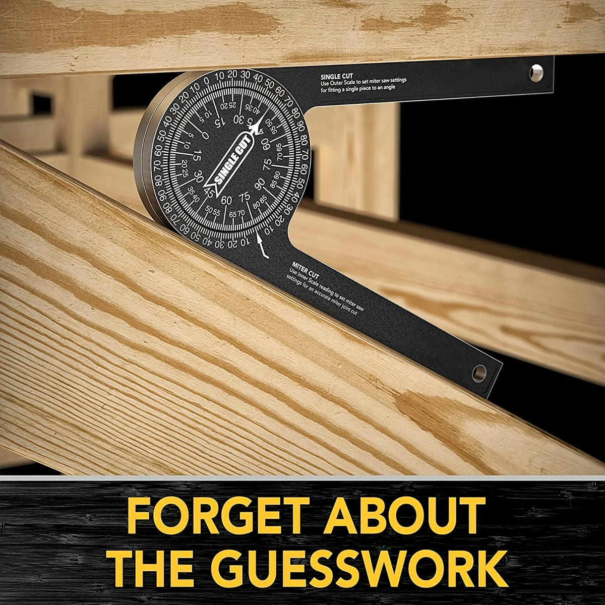 A black aluminum miter protractor and angle finder tool is shown measuring an angle on a wooden surface.