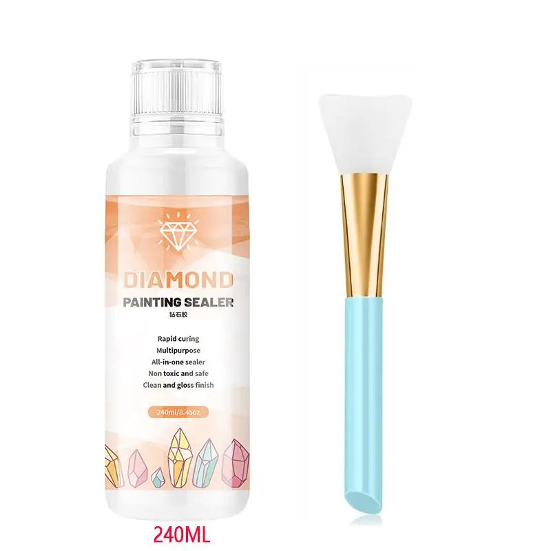 A bottle of Diamond Painting Sealer with a white brush applicator and a light blue body.