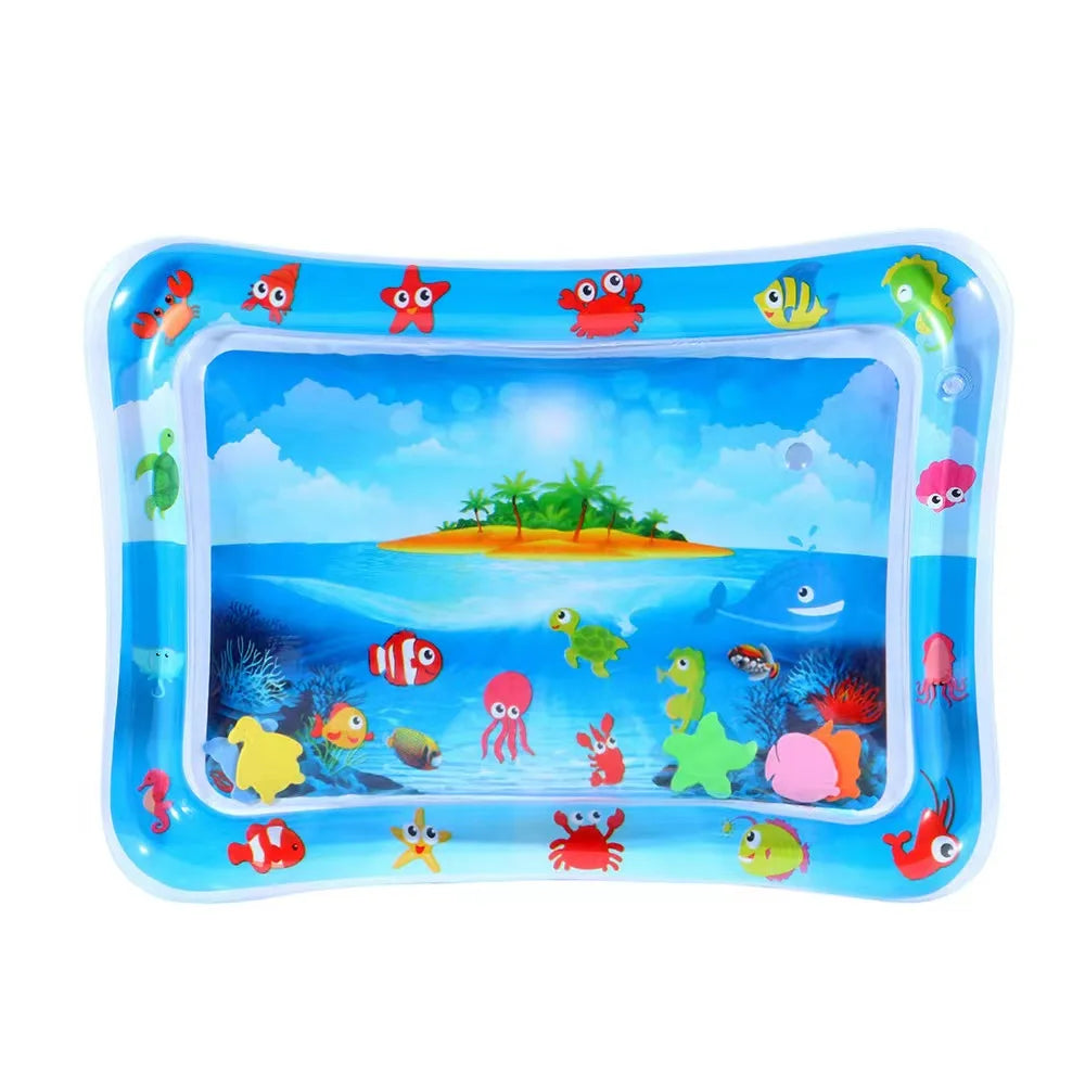 A colorful inflatable water play mat featuring sea creatures and clouds for baby sensory development.