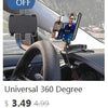 A person is shown using a Universal 360 Degree dashboard mount for a vehicle interior.