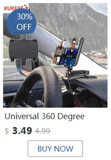 A person is shown using a Universal 360 Degree dashboard mount for a vehicle interior.