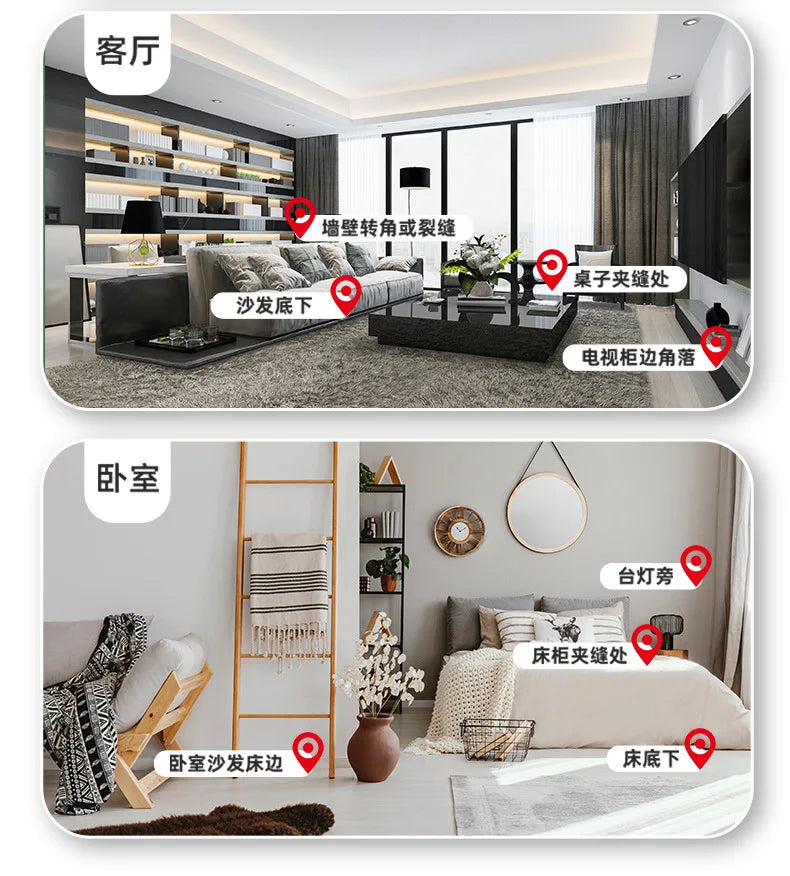 Diagram showing various placement options for high-strength ant bait in living rooms and bedrooms.