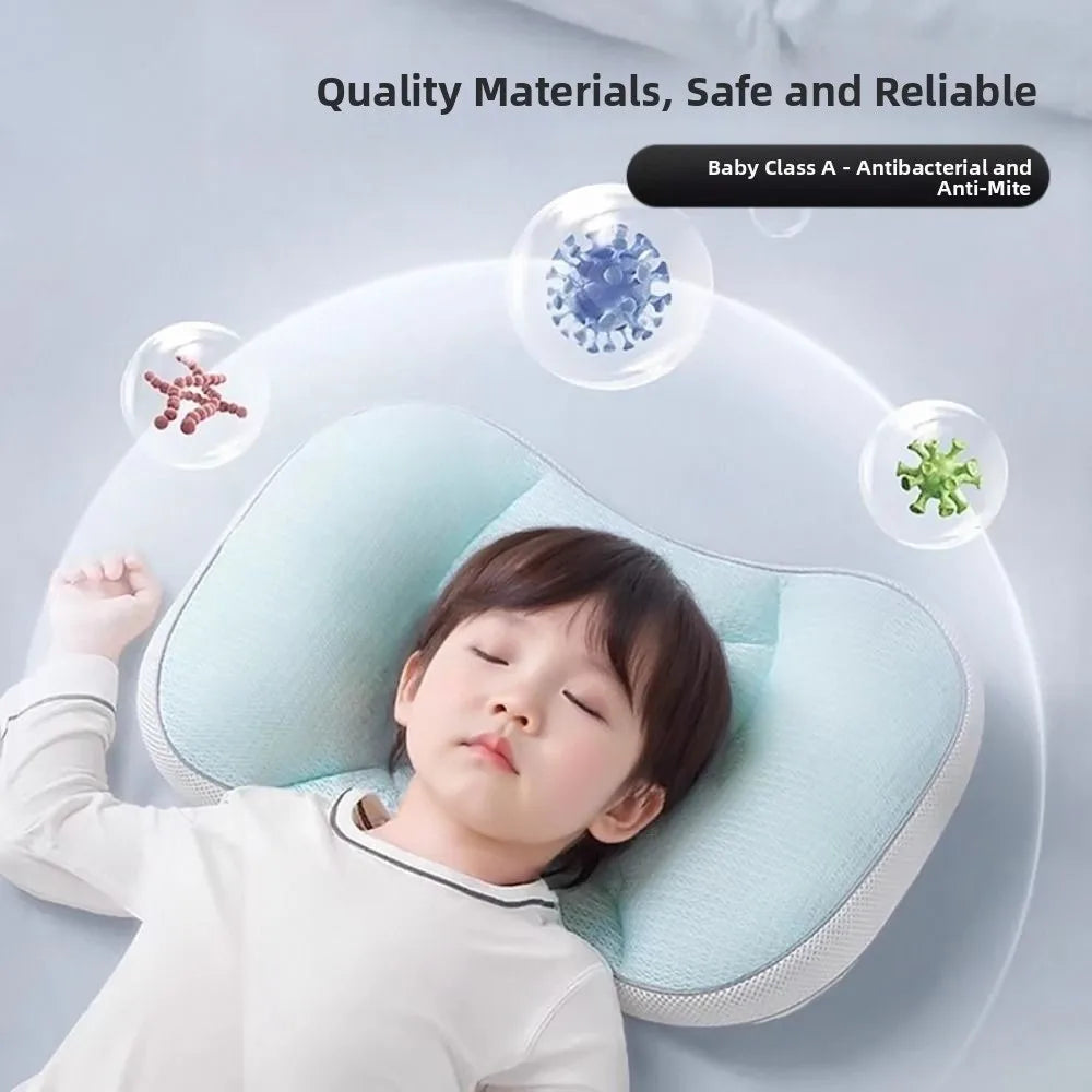 A baby is resting on a light blue reversible breathable pillow, emphasizing quality materials and safety.