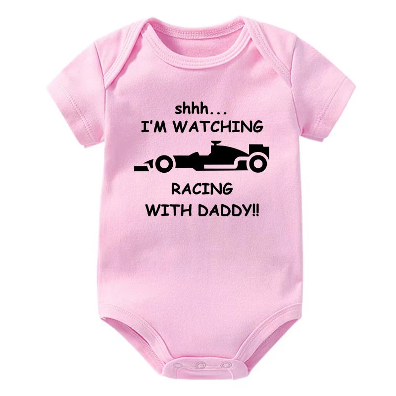 Funny Racing Baby Bodysuit - 'Watching Racing with Daddy' Newborn Romper