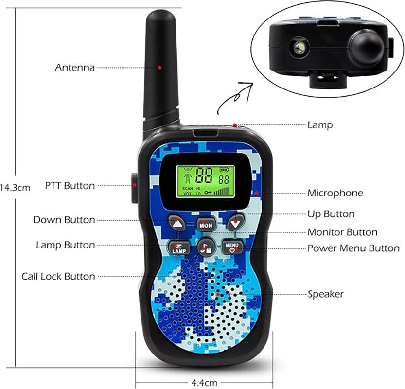 A black walkie-talkie device with an antenna, buttons, lamp, microphone, and speaker is shown with dimension lines.