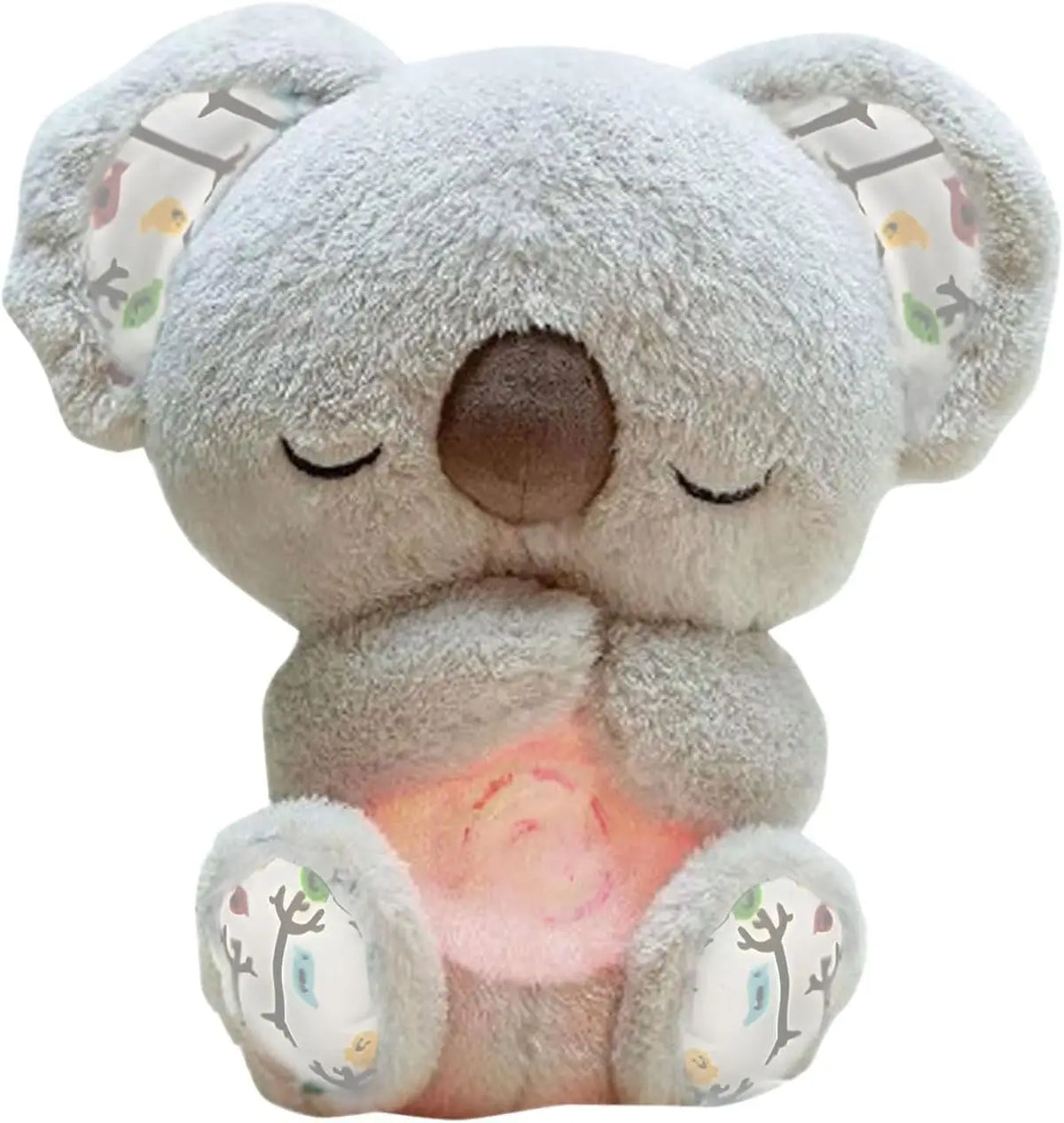 A soft gray koala plush toy with closed eyes and light-colored ear accents.
