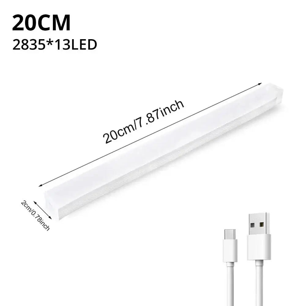 A white LED light bar with a magnetic mount and a USB connector is shown.