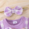 Baby Girl Plaid Romper Set with Bear Patch and Bow Headband