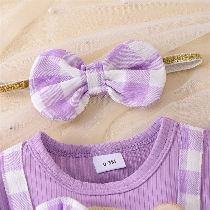 Baby Girl Plaid Romper Set with Bear Patch and Bow Headband