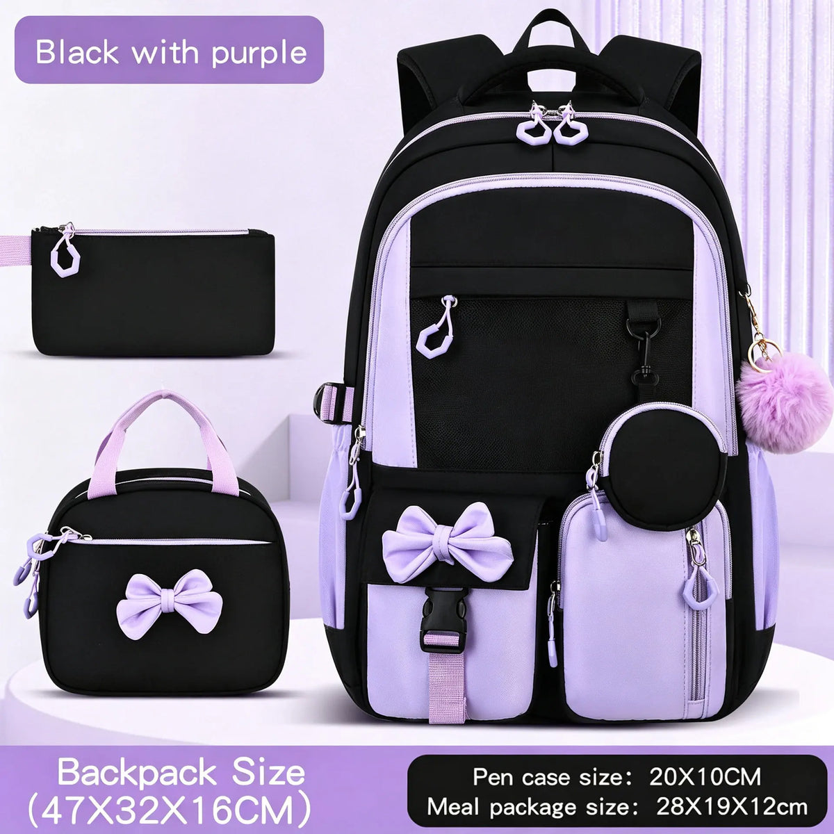 Black and purple backpack set featuring a main backpack, a separate pouch, and a pencil case.