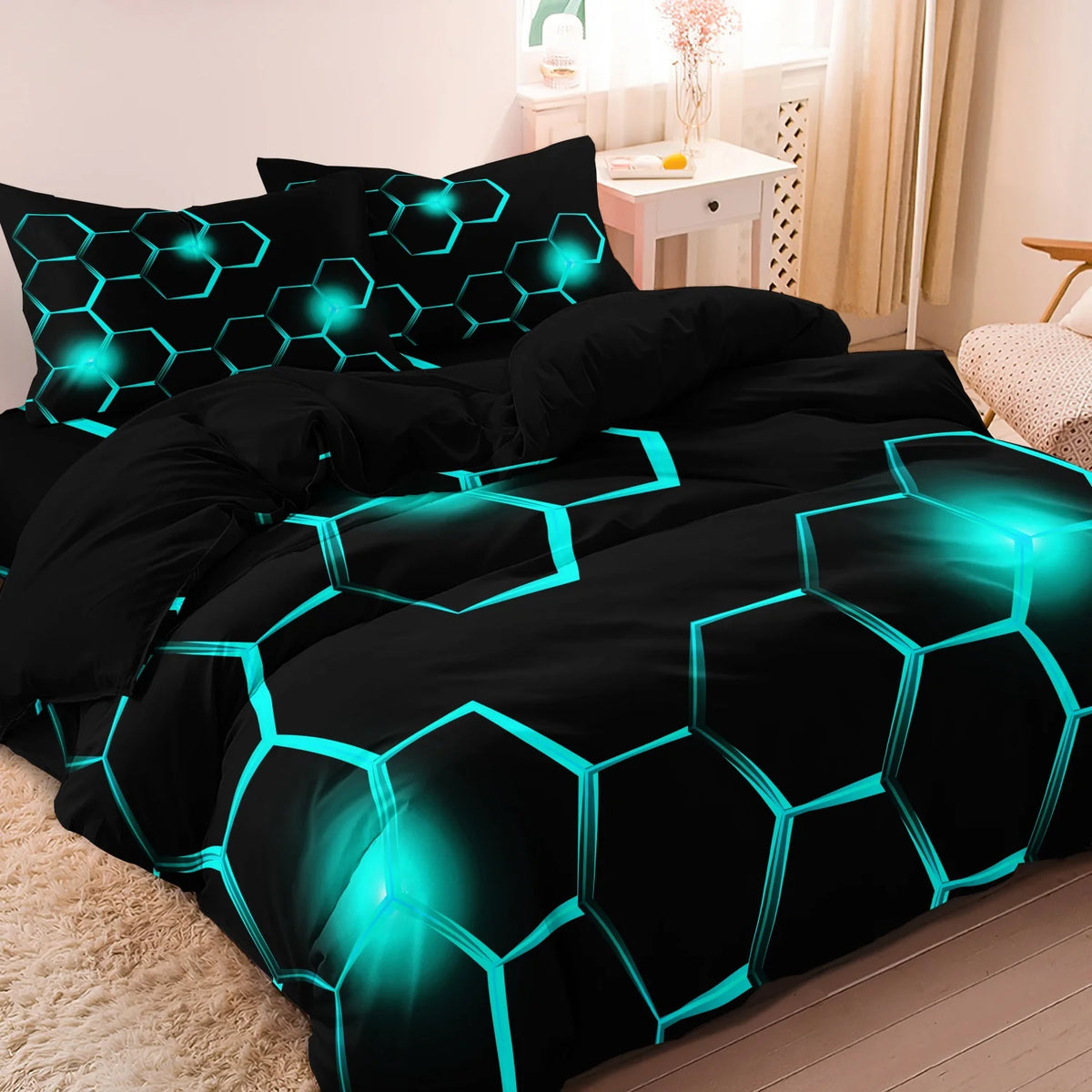 Geometric 3D Hexagonal Honeycomb Duvet Cover Set