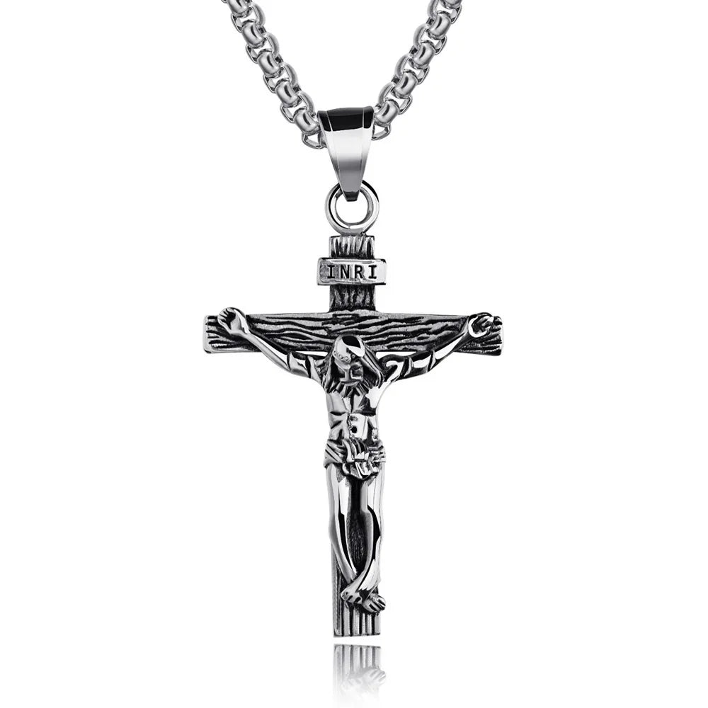Silver classic cross pendant necklace with an INRI inscription and detailed figure.
