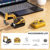 A yellow 1:64 scale remote control forklift model with a trailer and accessories displayed on a wooden surface.