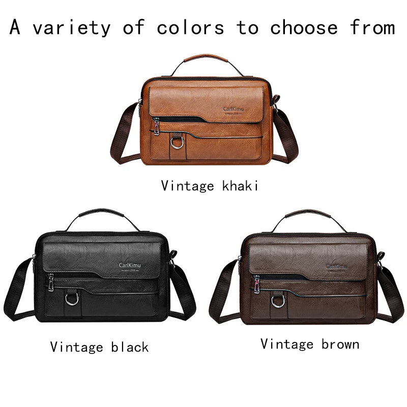 Three vintage faux leather crossbody bags in khaki, black, and brown.