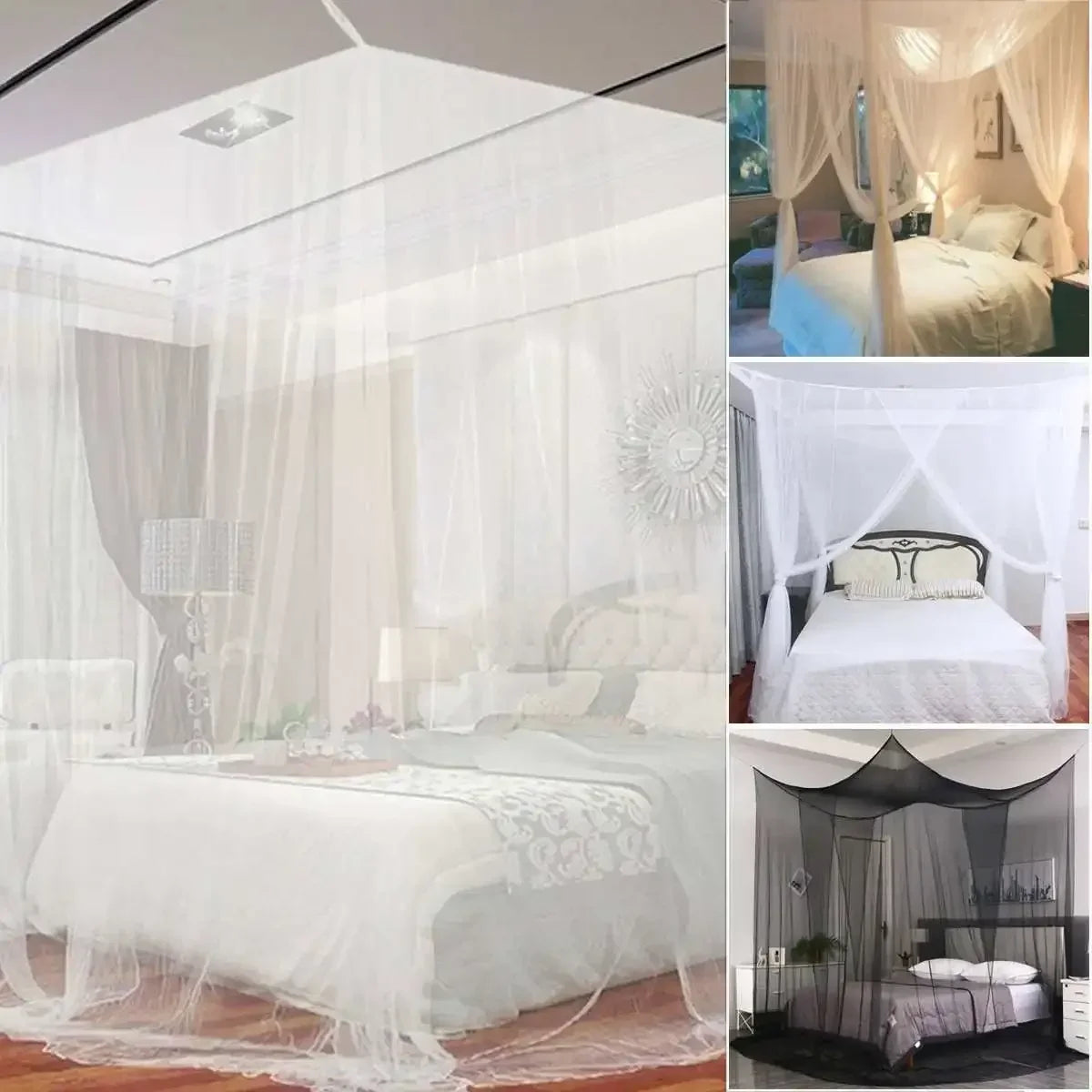 Elegant white lace canopy mosquito net draped over a bed for queen or king size