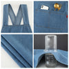 A heavy-duty washed denim cross-back apron shown in various views including a pocket detail and fabric texture.