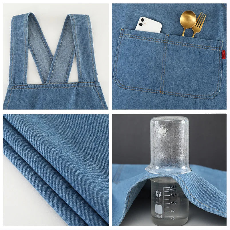 A heavy-duty washed denim cross-back apron shown in various views including a pocket detail and fabric texture.