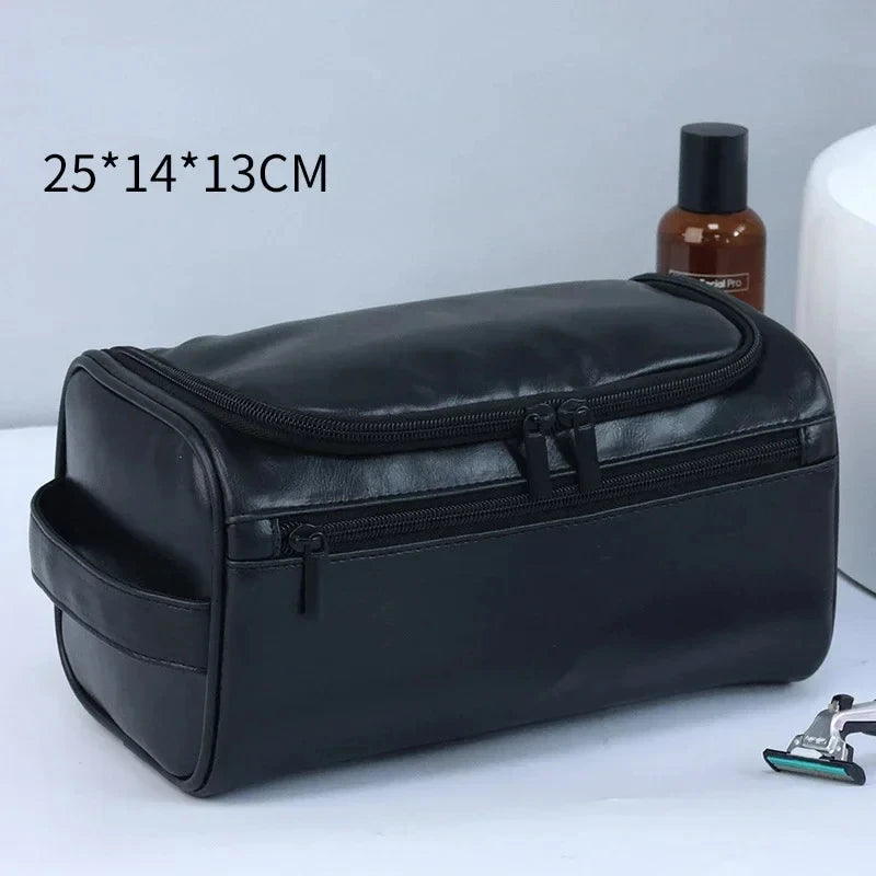 A black PU vintage luxury toiletry bag with a zippered compartment is shown on a white surface.