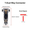 A T-Dual Way Connector with dimensions 13mm/0.51inch and 7mm/0.27inch shown alongside a circuit diagram.