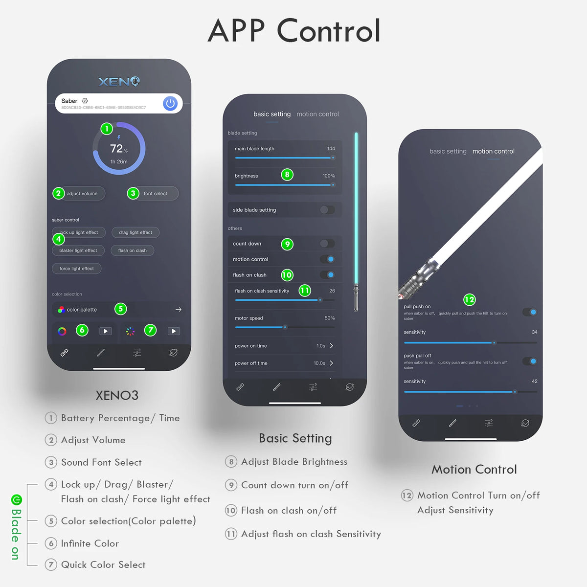 Screenshot of an app control interface for a lightsaber featuring basic settings and motion control options