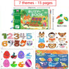 A colorful busy book for toddlers featuring 7 themes across 15 pages including animals and shapes.