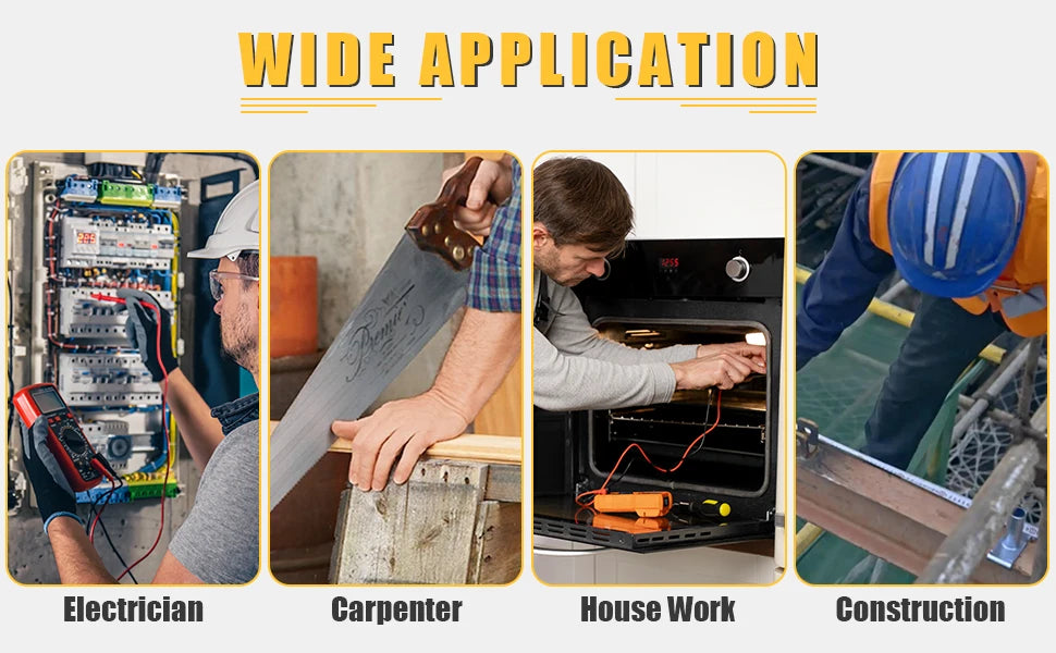 A collage showing various tradespeople: an electrician, a carpenter, someone doing house work, and a construction worker.